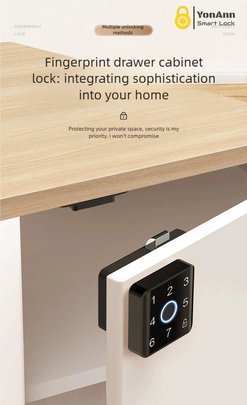 Cerradura inteligente para armarios Tuya con lector de huellas dactilares: control mediante aplicación, contraseña, NFC y desbloqueo multiacceso.