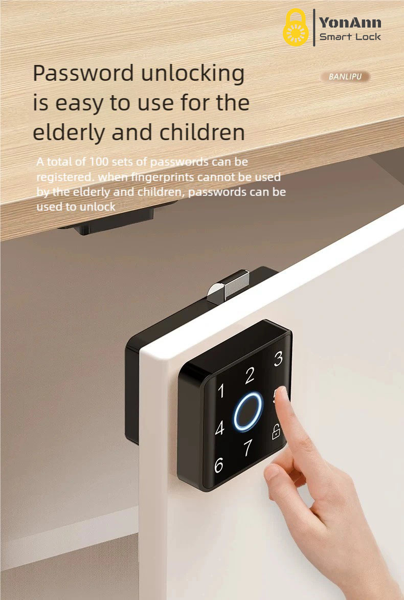 Cerradura inteligente para armarios Tuya con lector de huellas dactilares: control mediante aplicación, contraseña, NFC y desbloqueo multiacceso.