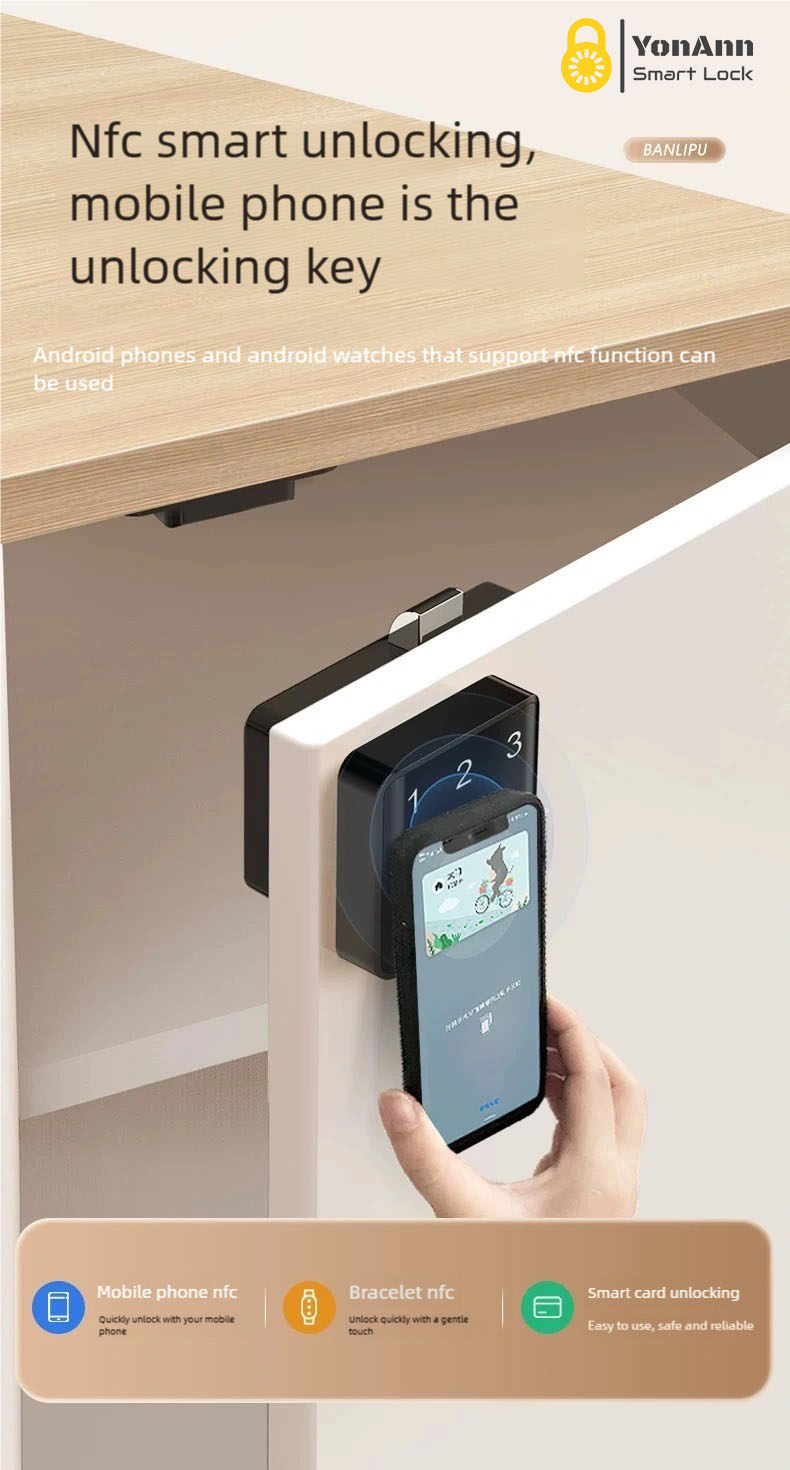 Cerradura inteligente para armarios Tuya con lector de huellas dactilares: control mediante aplicación, contraseña, NFC y desbloqueo multiacceso.