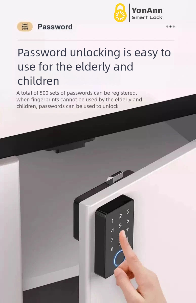 Cerradura inteligente para armarios Tuya con lector de huellas dactilares: control mediante aplicación, contraseña, NFC y desbloqueo multiacceso.