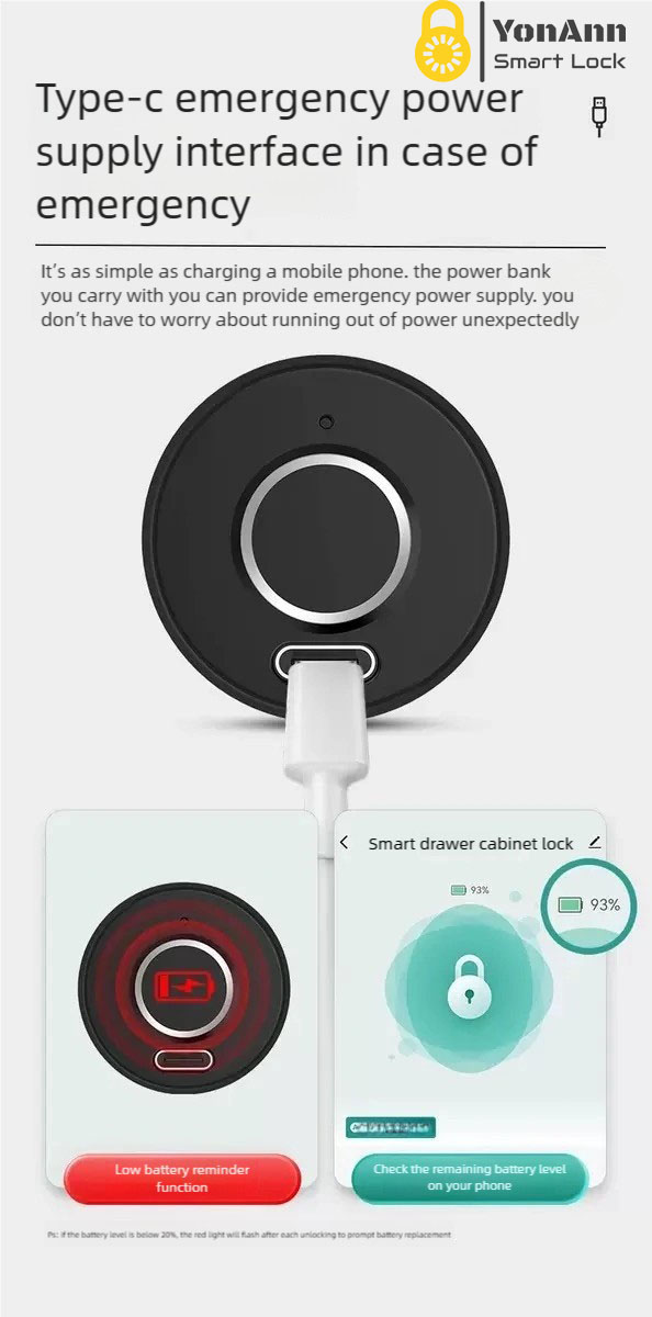 Cerradura de armario con lector de huellas dactilares compatible con Tuya | Desbloqueo multimodo, alimentación de emergencia tipo C