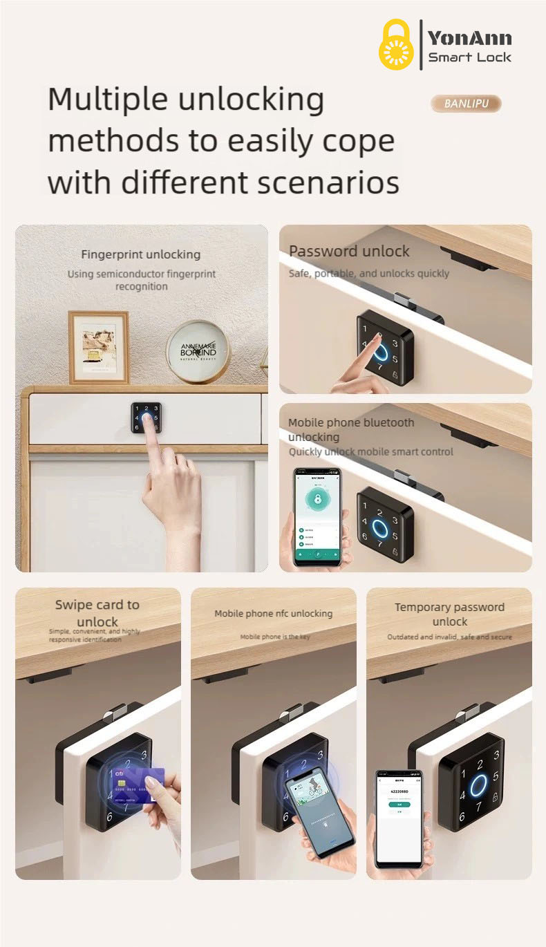 Cerradura inteligente para armarios Tuya con lector de huellas dactilares: control mediante aplicación, contraseña, NFC y desbloqueo multiacceso.