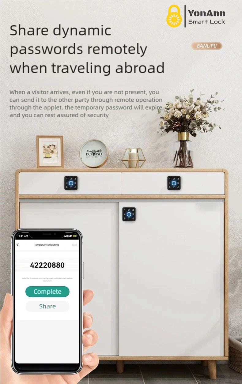 Cerradura inteligente para armarios Tuya con lector de huellas dactilares: control mediante aplicación, contraseña, NFC y desbloqueo multiacceso.