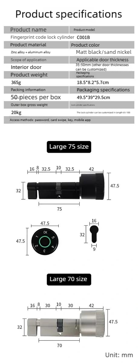 Keyless Tuya Smart Lock Cylinder with Fingerprint, App, Temporary Code & Card Access