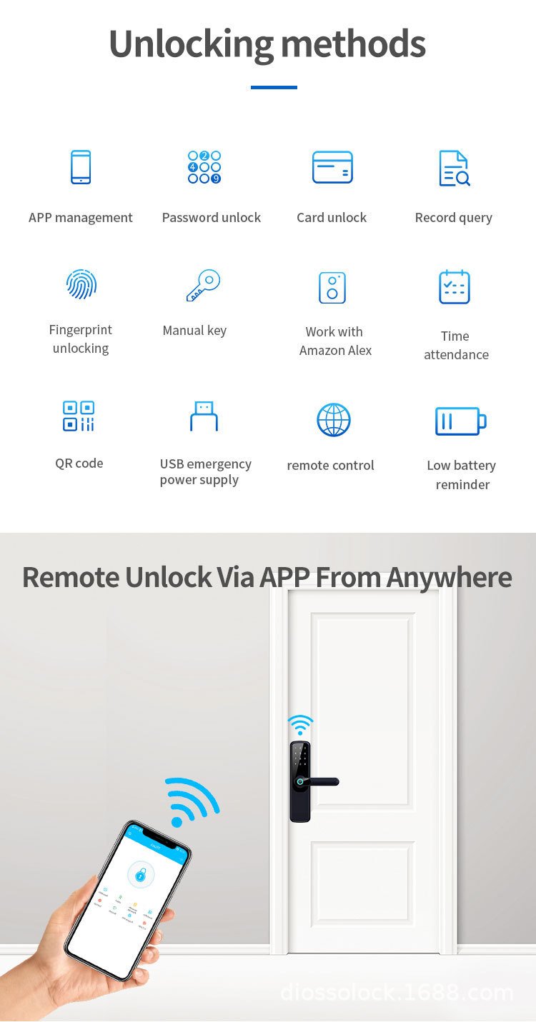 قفل ذكي من الفولاذ المقاوم للصدأ ببصمة الإصبع وواي فاي لباب الشقة وبطاقة RFID ومفتاح مع كلمة مرور TTLock Unlock Way