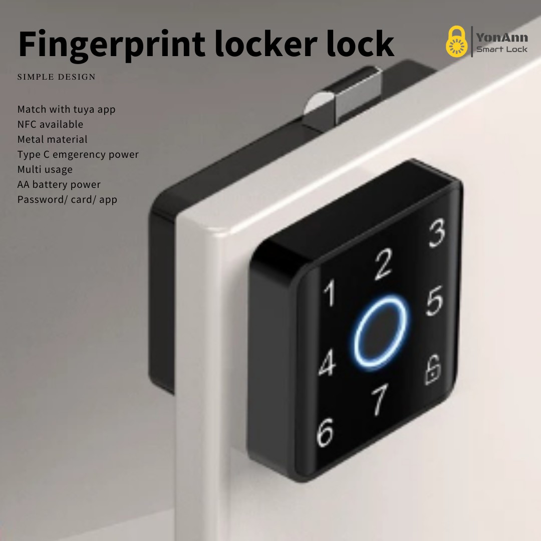 Cerradura inteligente para armarios Tuya con lector de huellas dactilares: control mediante aplicación, contraseña, NFC y desbloqueo multiacceso.