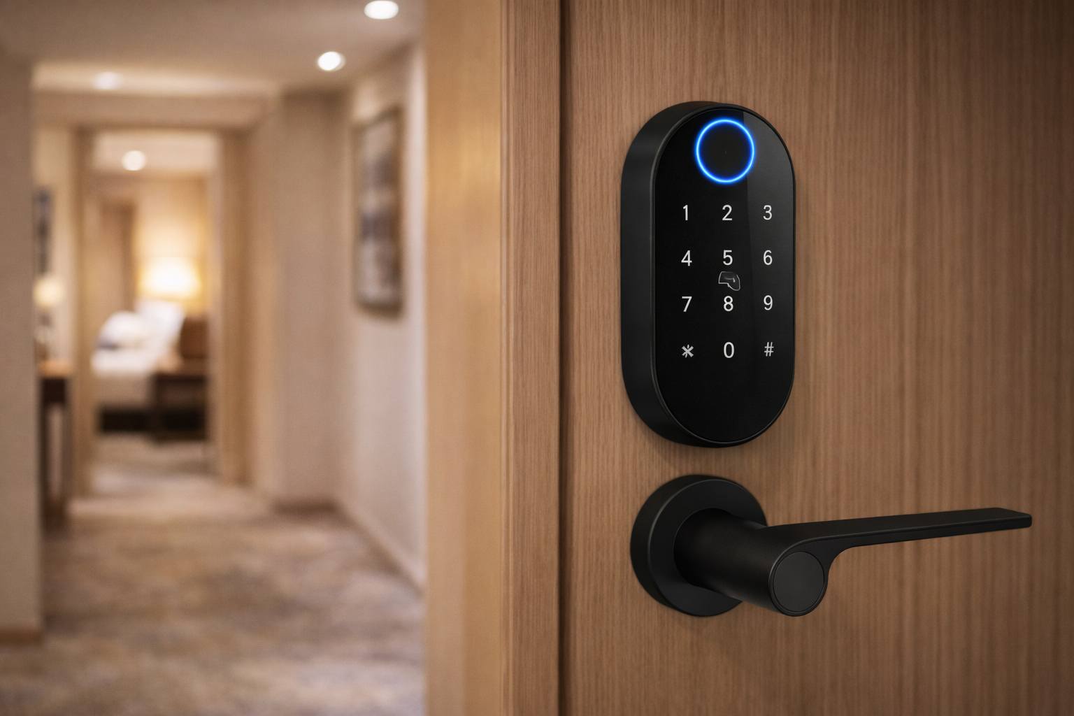 Smart lock in a hotel corridor