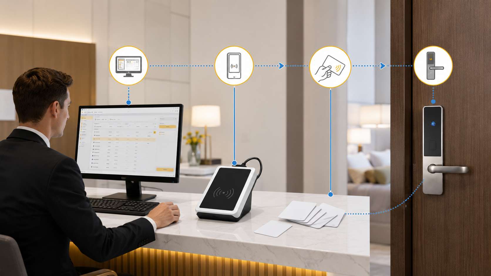 Hotel reception with keycard access flow