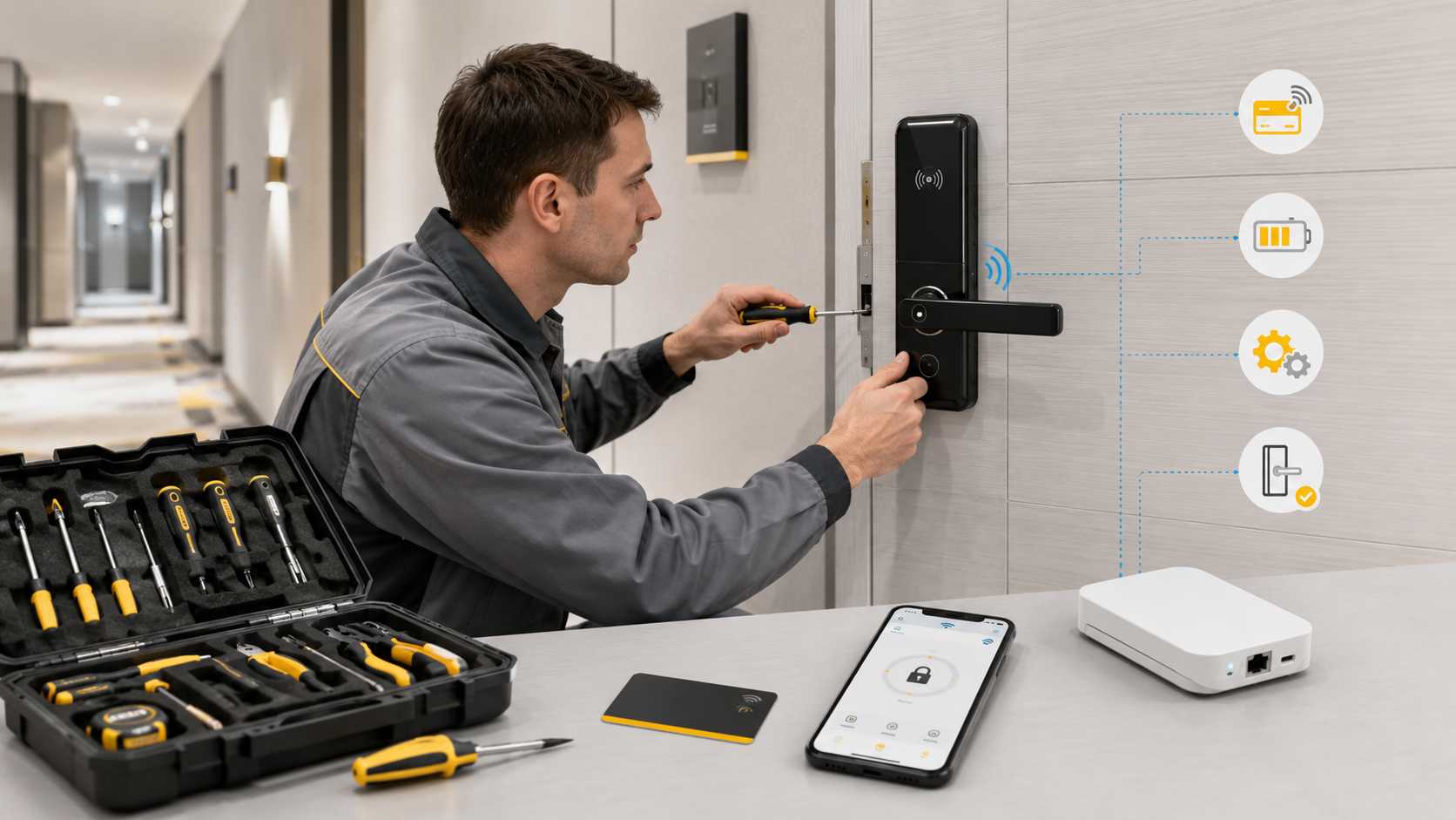 Smart lock installation in hotel corridor