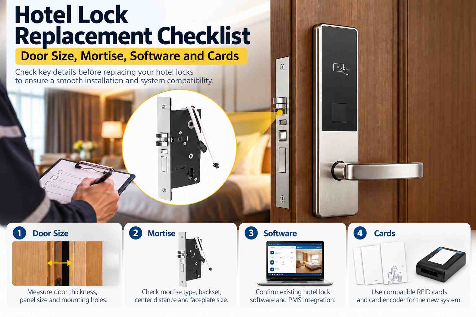 Hotel lock replacement measurement guide for door size mortise and mounting holes