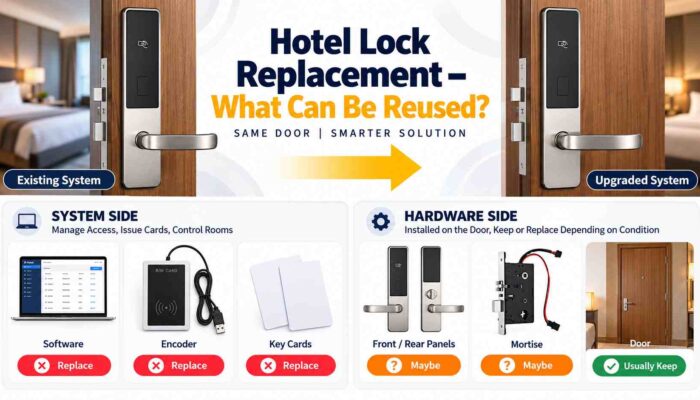 Hotel lock replacement showing which existing components can be reused or replaced